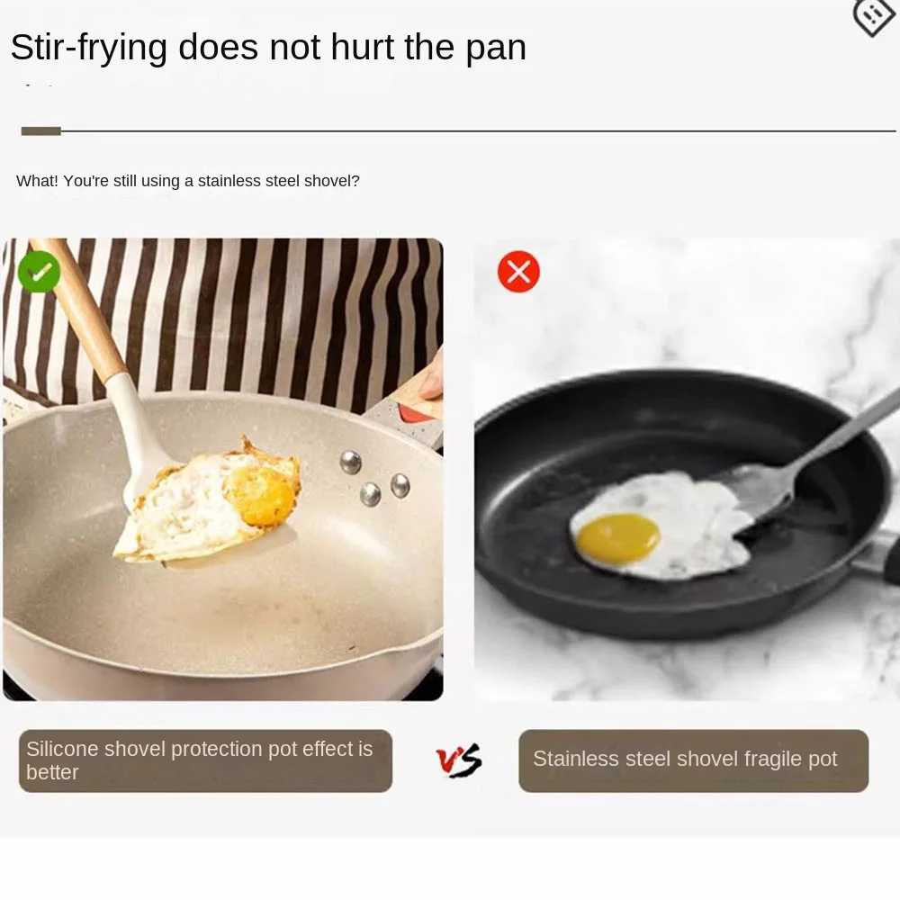 3Pcs/set Non-Stick Silicone Spoon Shove Heat Resistant Wooden Handle Cooking Turner Spatula Colander Anti-scalding Non-slip