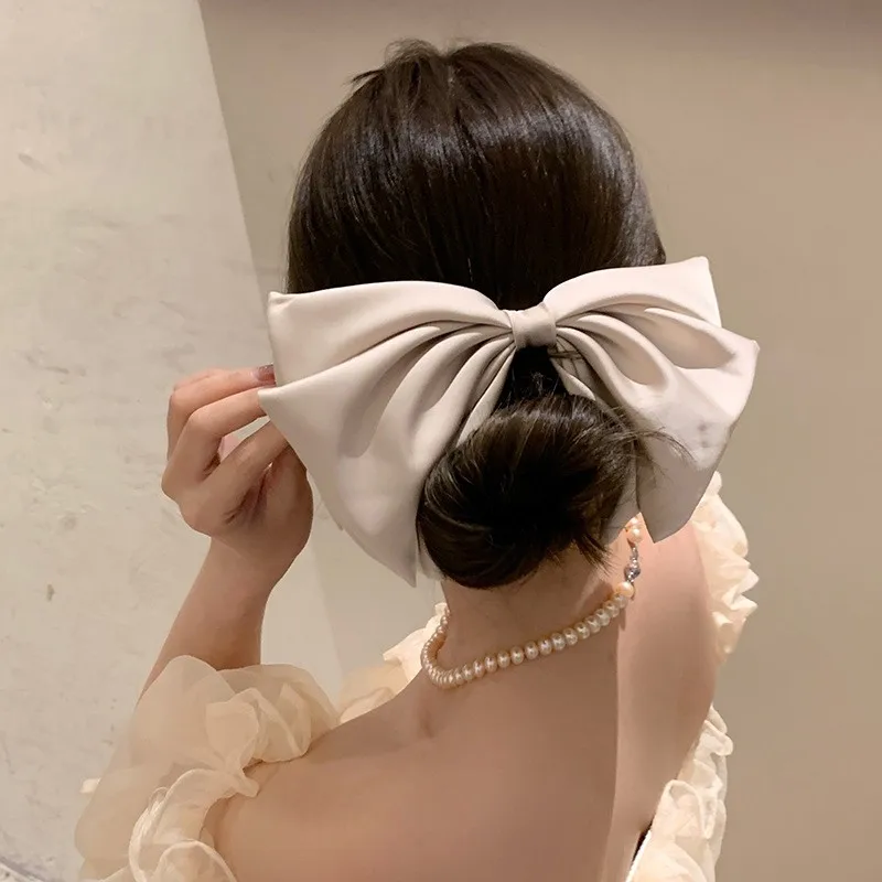 Elegant Satin Silk Large Bow Hair Clips Barrettes Women Girls Solid Black Ribbon Big Bowknot Hairpins  Hair Accessories Fashion