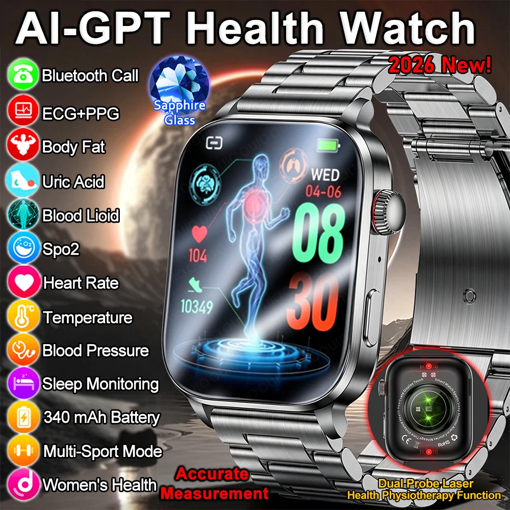 

New Upgraded Health Monitoring Uric Acid Blood Pressure Blood Oxygen Heart Health Check Smart Watch ECG smart watches Man 2026