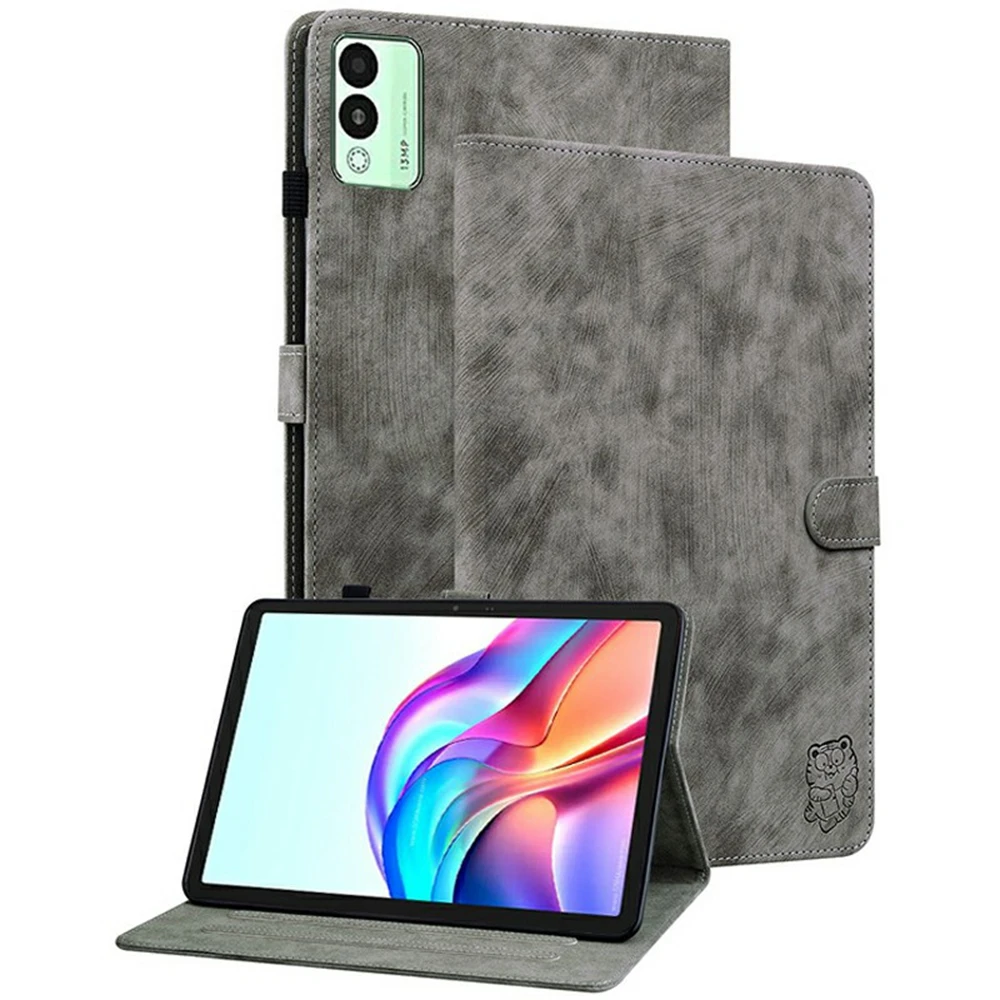 

For TECNO Megapad 11 Case Tiger Imprint Anti-Scratch PU Leather Tablet Cover - Grey
