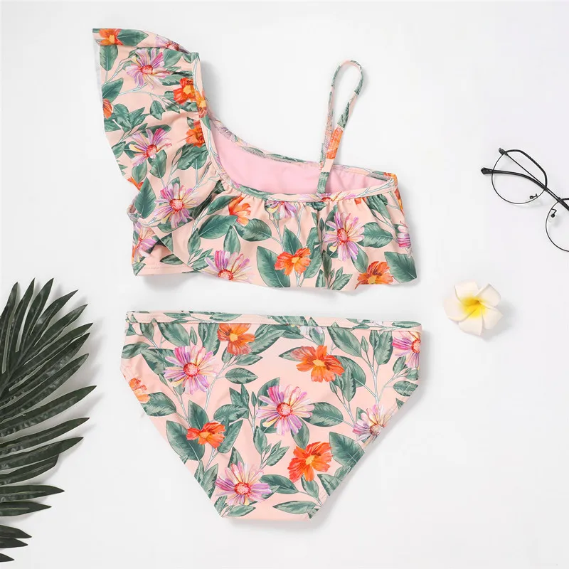 

2022 New One Shoulder Tassel Bikini Suit Two-pieces Set Fashion Flowers Swimsuits Girls Summer Beach Wear Children Bathing Suit