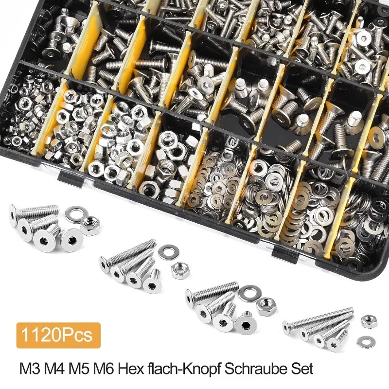 1120Pcs M3 M4 M5 M6 Stainless Steel Countersunk Screws with Hexagon Socket Hex Flat Button Screws Nuts and Washers Assortment