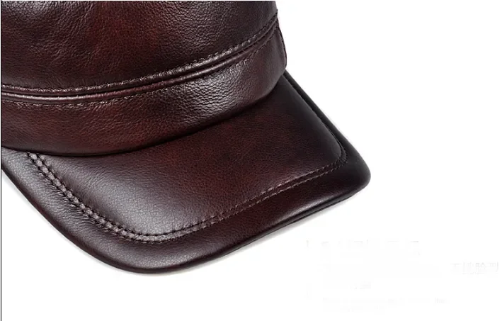 Winter Genuine Leather Cap Men's Flat Caps Military Hat Elegant Man Baseball Cap British Vintage Cowhide Ear Warm Hat