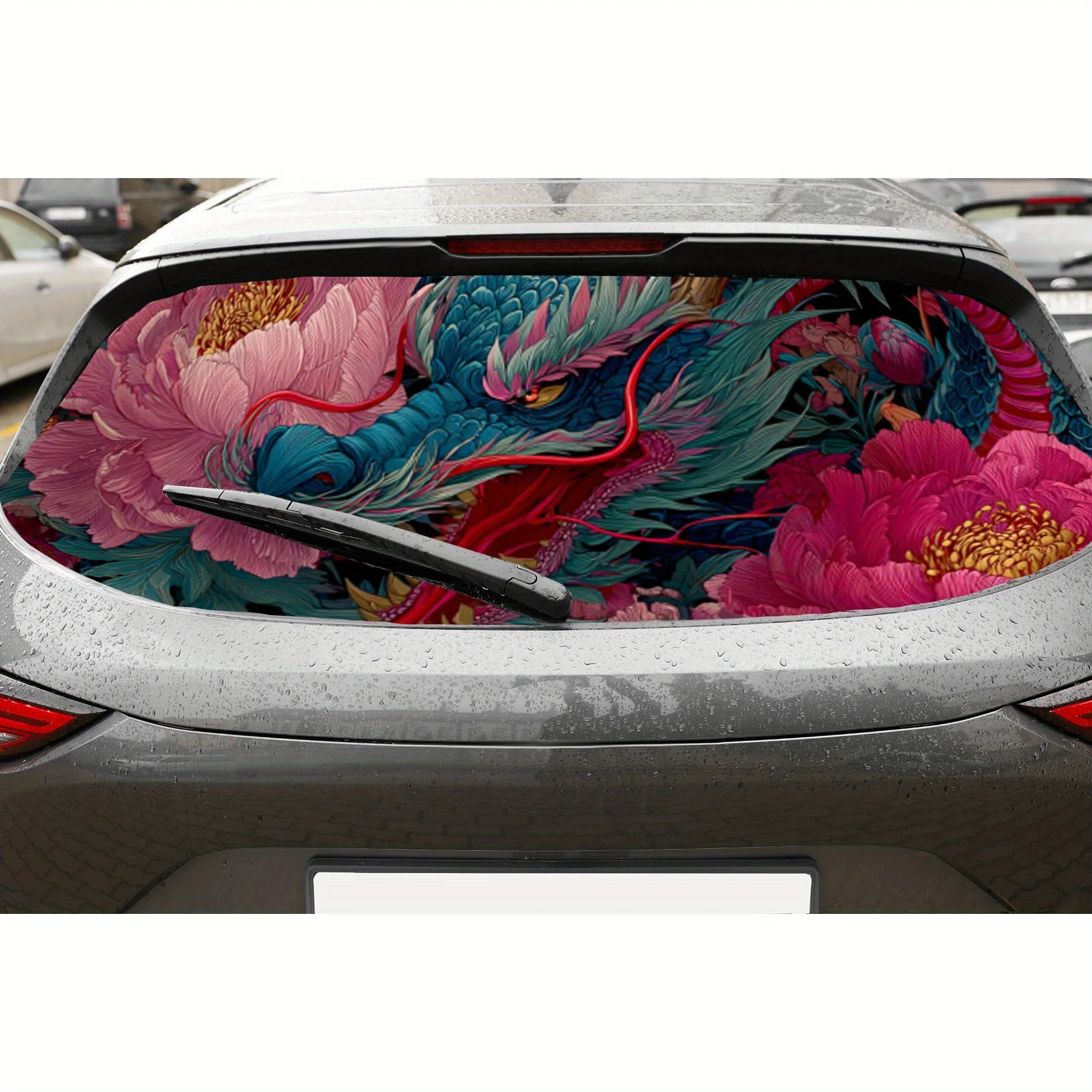

Red Flower and Green Dragon Print PVC Perforated Car Vinyl Wraps, Durable Car Rear Windshield Sticker, Waterproof Car Rear Windo