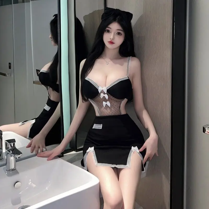 Sexy Pure Desire-vestido camisola calado con escote en V profundo, minifalda ajustada con abertura en la cintura para bebé y Club