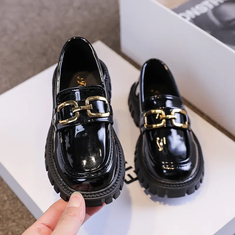 Spring Autumn New Baby Princess Shoes Metal Black Children\'s Fashion Casual Kids Shiny PU Girls Mary Janes