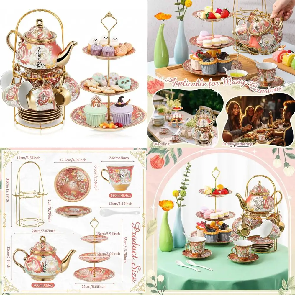 

Adults European-Style Floral Tea Party Set with 3-Tier Ceramic Cake Stand and Metal Holder for Elegance