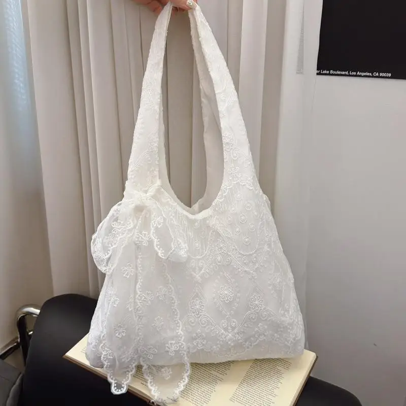 الكورية الطازجة الدانتيل زهرة قماش حقيبة الكتف أزياء حلوة سعة كبيرة التسوق التنقل حمل للنساء #5