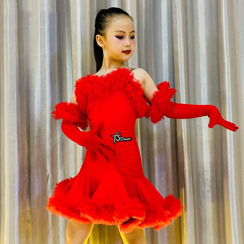 

Kids Latin Dance Costume Girls Red Competition Dress Feather Sets Cha ChaRumba Samba Dance Practice Show Dance Dress DNV21921