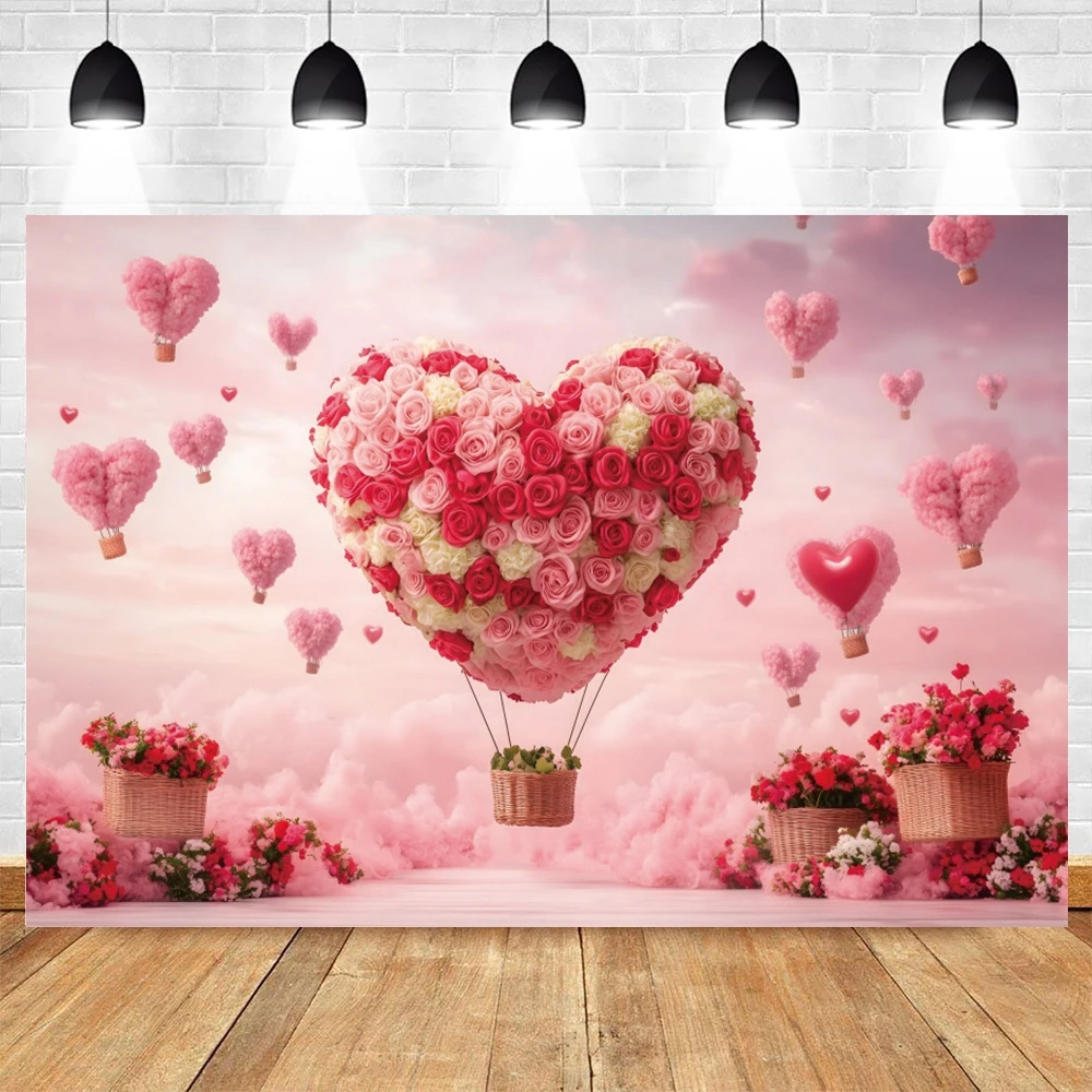 Romantic Valentines Day Backdrop for Photography Love Heart Rose Flowers Hot Air Balloons Sweet Couple Wedding Photo Background