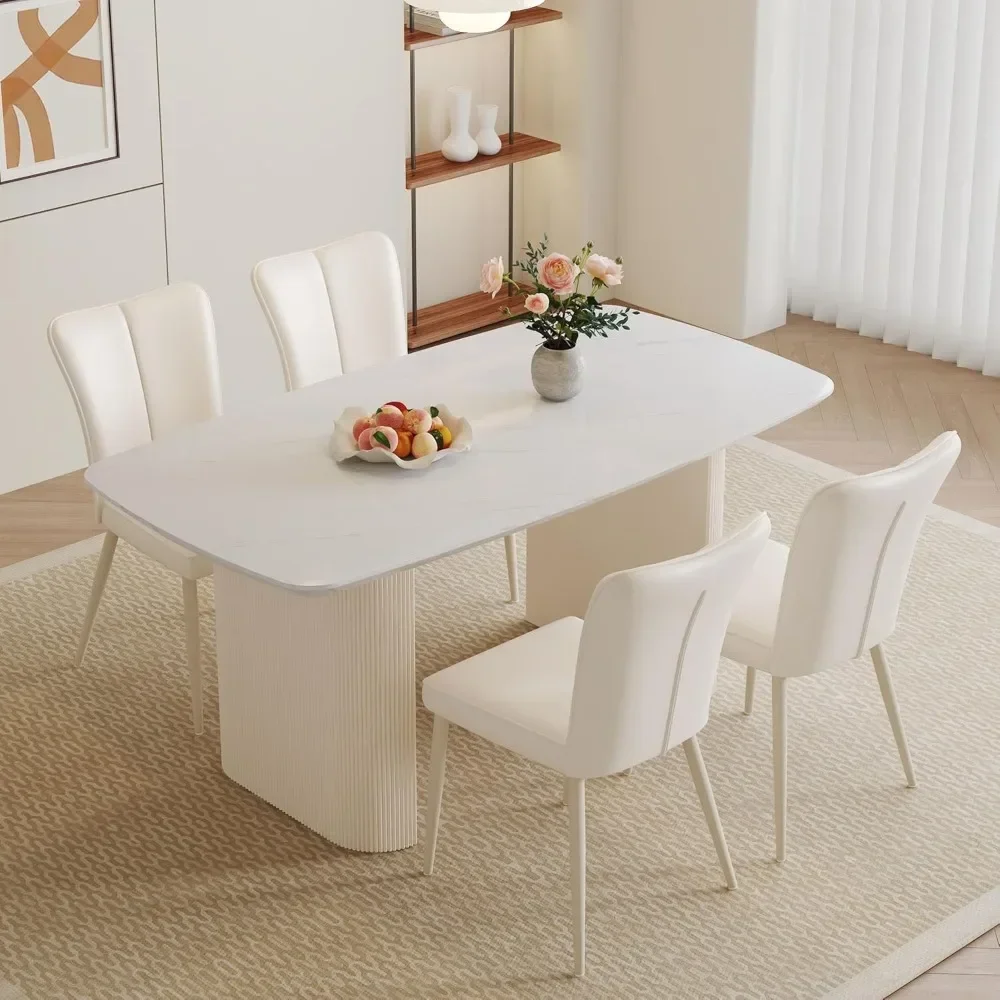 Modern Dining Table Set for 4,Cream White Dining Tables Set for 4 with Unique Wave Design Tables Legs, 5 Piece Kitchen Table Set