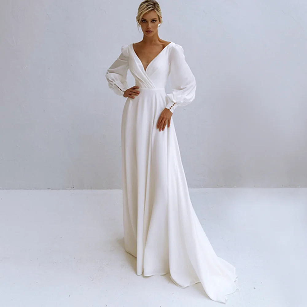 

LoveDress V-Neck Wedding Dress Long Sleeve A-Line Pleats Pears Simple Chiffom Bride Gown Backless Zipper Train Vestido De Novia