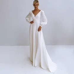 Customized V-Neck Wedding Dress Long Sleeve A-Line Pleats Pears Simple Chiffom Bride Gown Backless Zipper Train Vestido De Novia