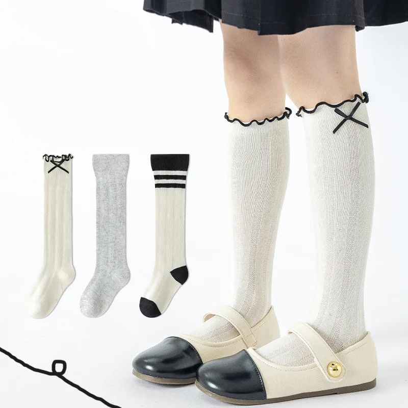 

Spring Summer Thin Stockings for Girl Korean Ruffle Bow Mesh Breathable Knee High Socks Fashion Stripe Kids Cotton Calf Socks
