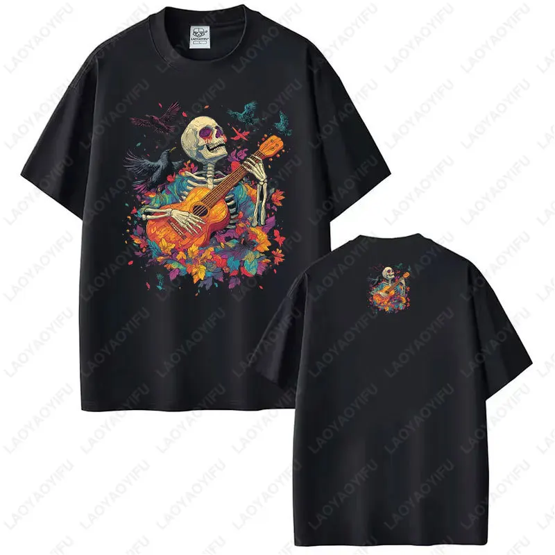 Trendy Skeleton Play Guitar Shirt with Crow Rock Band Graphic Cotton Tee Skull Shirt for Men Retro Trend Cool Street T Shirts