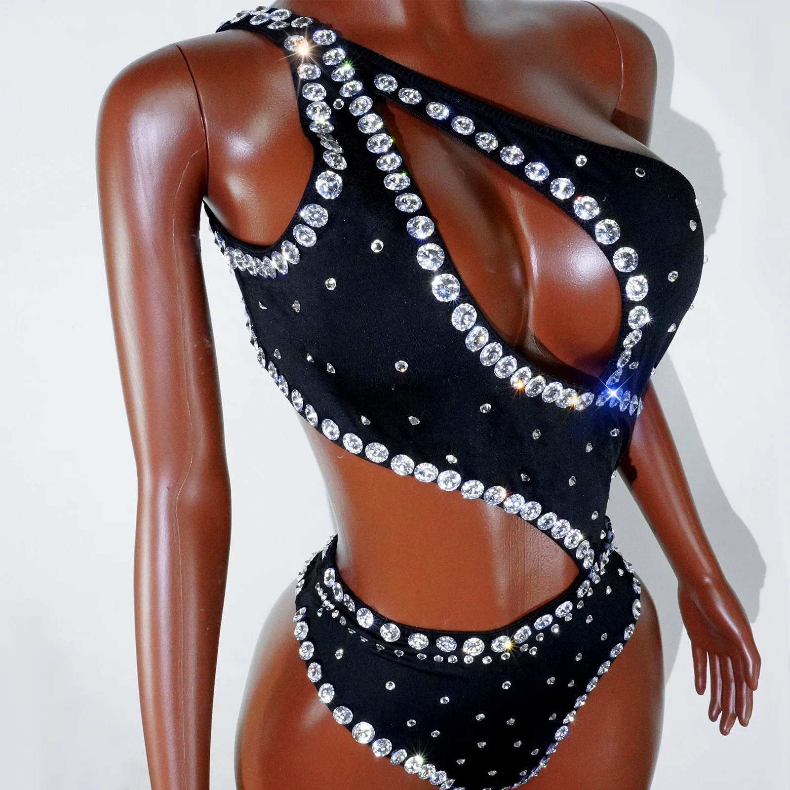 セクシーな新しい中空ウエスト黒ボディスーツラインストーンレオタード SingerShow 誕生日パーティーダンスステージ着用パフォーマンスドラッグクイーン衣装