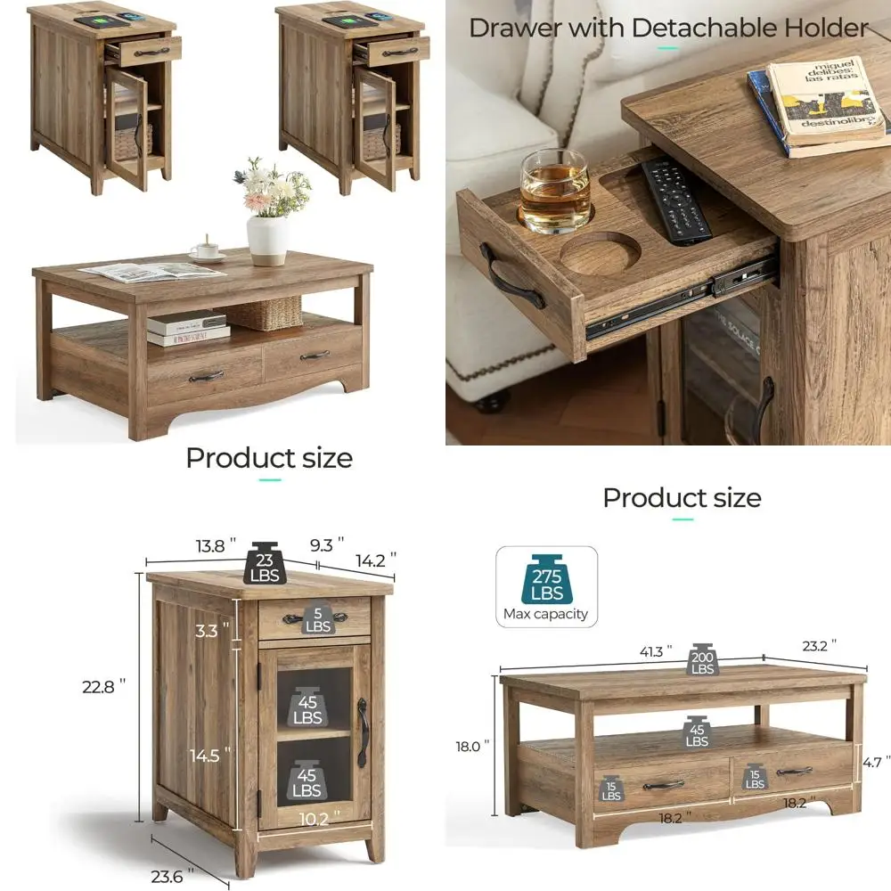 مجموعة طاولات القهوة المزرعة المكونة من 3 قطع من LINSY HOME: مجموعة غرفة معيشة خشبية مع 41 طاولة قهوة وطاولتين نهائيين باللون البني #1