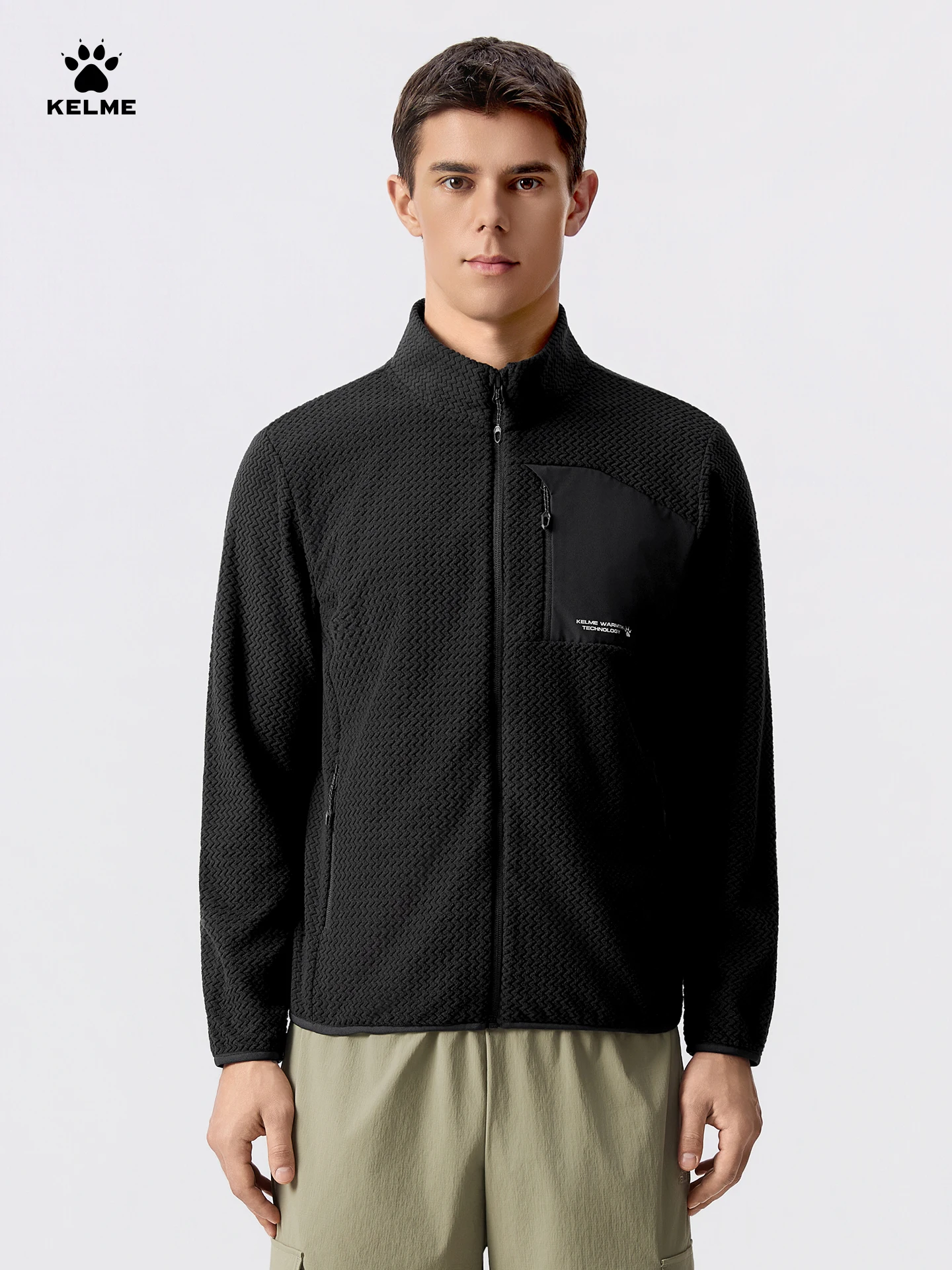 Kelme Fleece Sports Jacket Winter Cardigan Knitted Jacket Stand Collar Outdoor Running Windproof And Warm Training Top