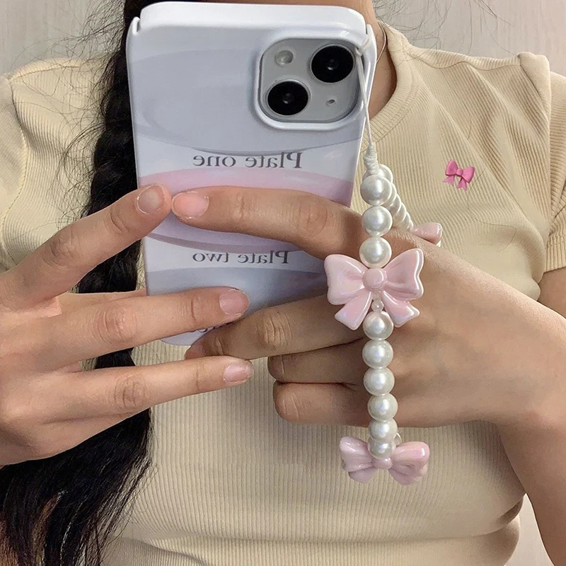 Pink Pearl Bow Phone Chain Anti-Lost Bracelet For Mobile Phone Case Wrist Strap CCD Lanyard Phone Keychain Portable Chain