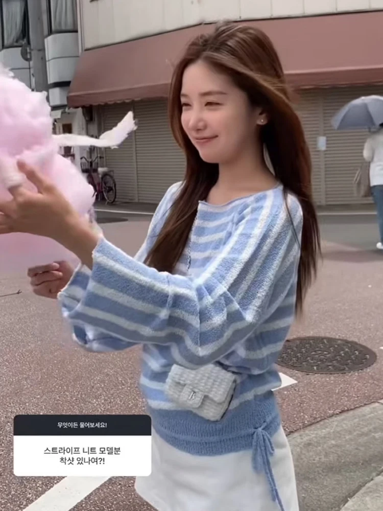 

Простой вязаный свитер в полоску, женский свободный многослойный длинный свитер с поясом, круглый пуловер Ne, китайский бренд для поездок на работу, Sle Faion