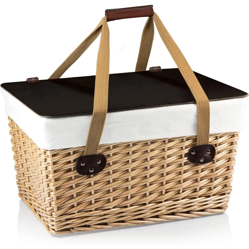 Wicker Picnic Basket With Lid, Small Picnic Basket For 2, Beige Canvas With Red & White Gingham Pattern Lid