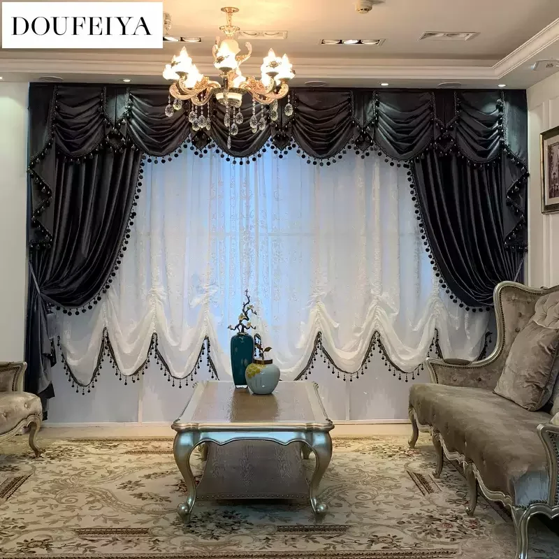 

European Lace Velvet Curtains for Living Room Bedroom Dining Blackout Customized Luxury Villa Window White Tulle Valance Decor