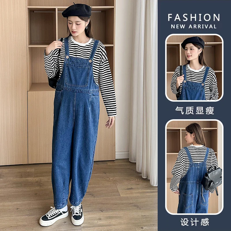 

Jeans Youth Pregnancy Jumpsuits Slimming Loose Wide Leg Straight Bib Pants Maternity Pregnant Women's Overalls Denim Blue