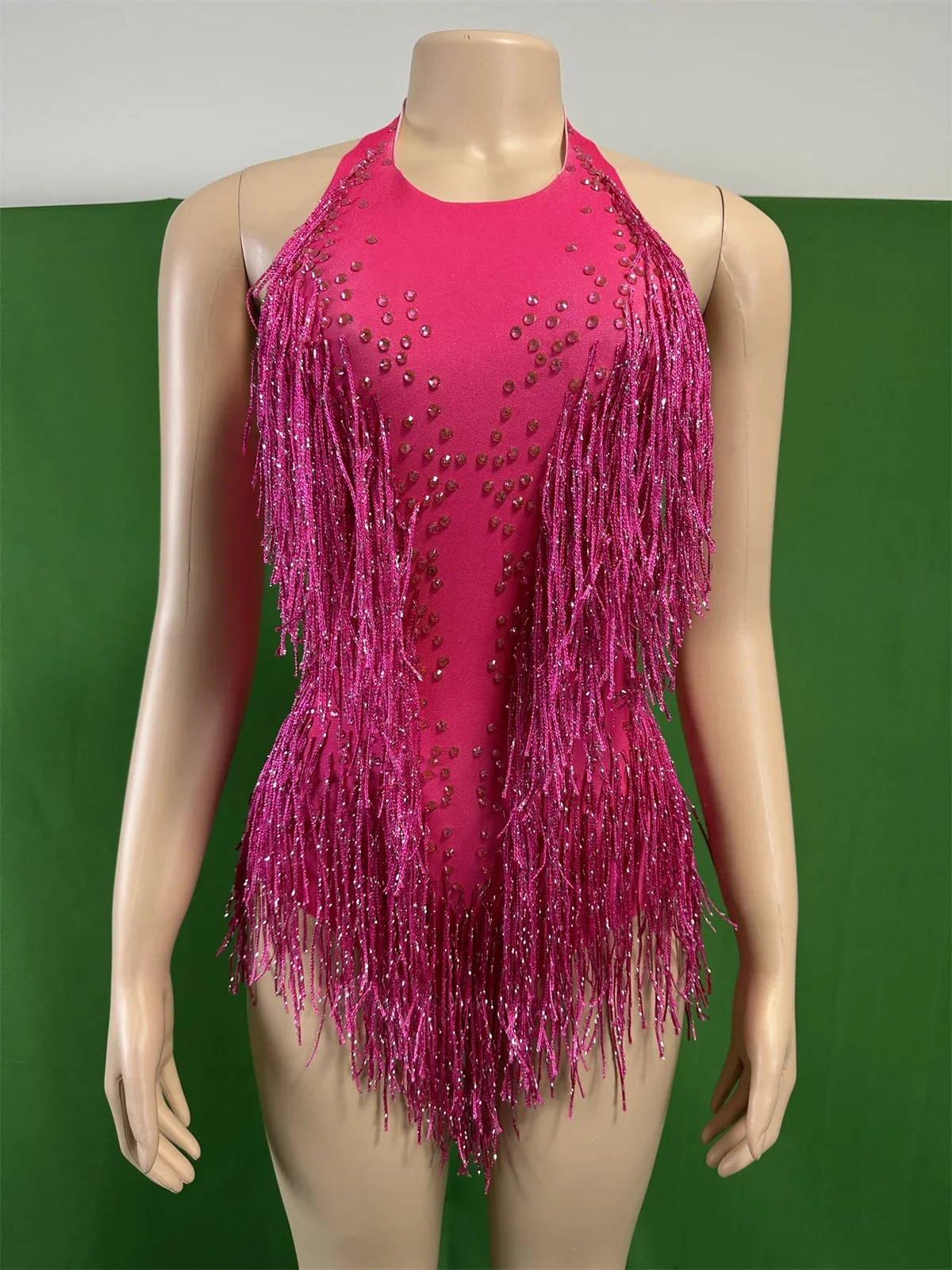 

Rose Red Women Rhinestone Fringe Dance Bodysuits Night Clunwear Pole Singer Stage Wear DJ DS 2025 Drag Queen Outfits