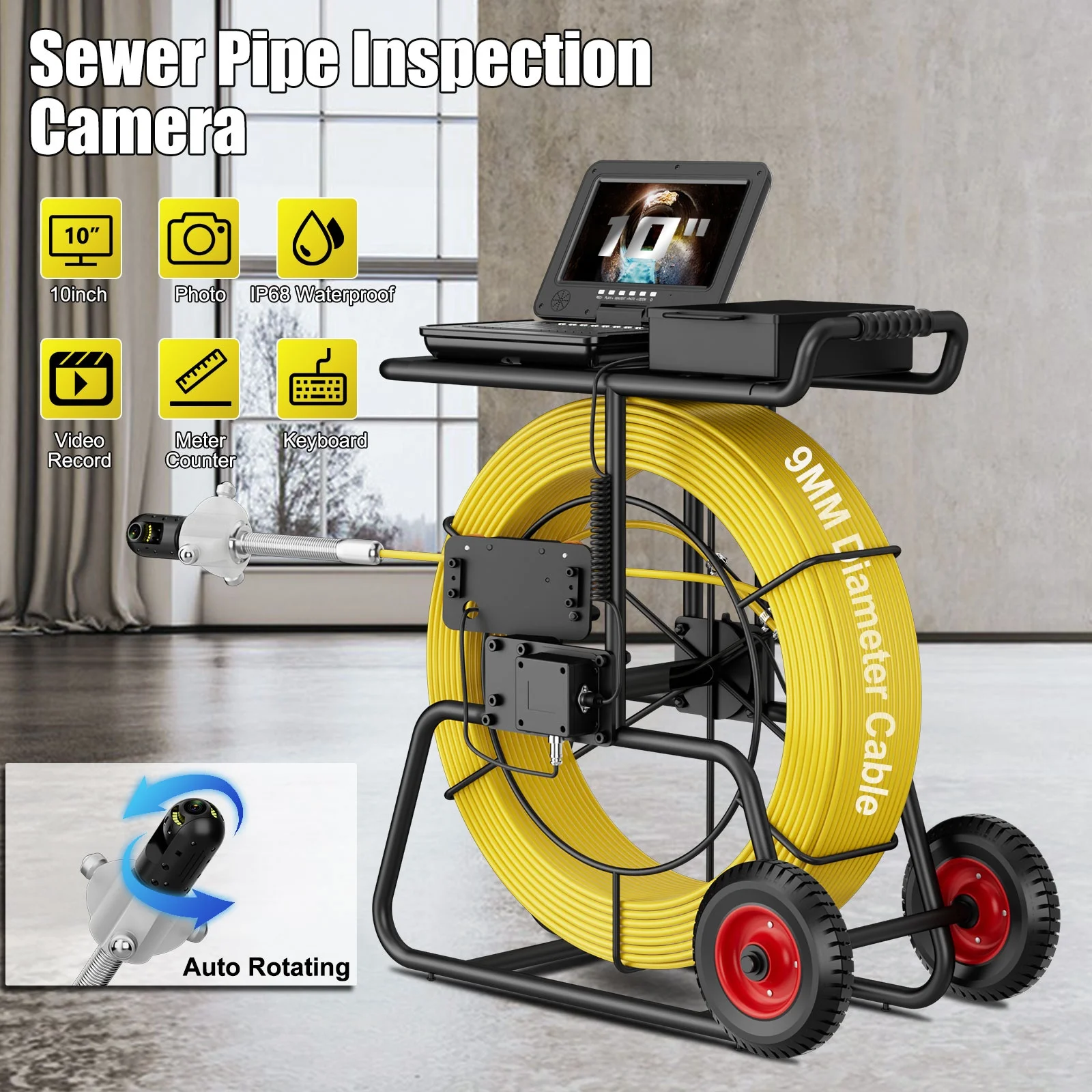 

360°sewer camera pipe inspection with 10" screen 9mm cable 512hz transmitter locator meter counter keyboard for plumbing drain