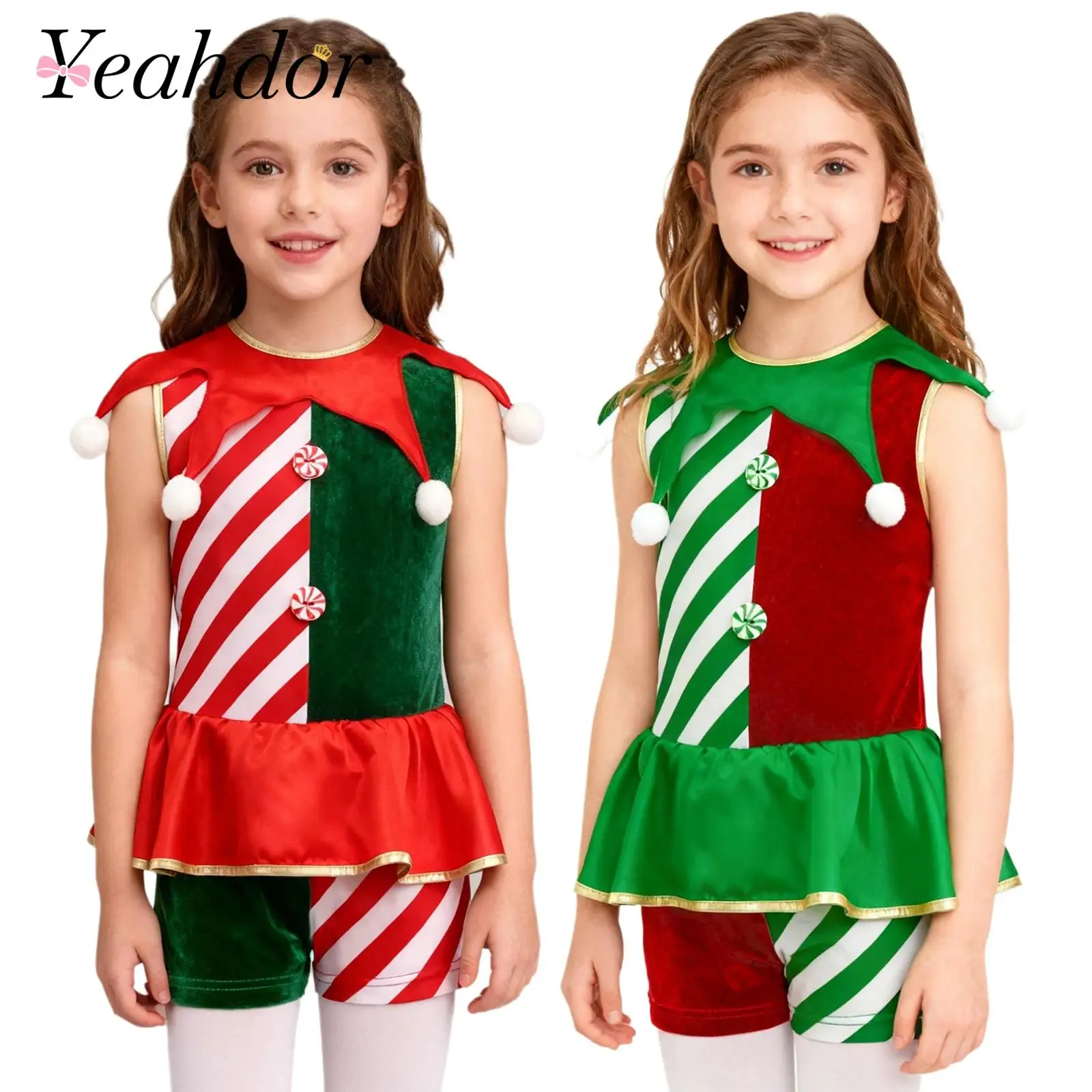 

Boys Girls Stripe Xmas Dance Unitard Children Cosplay Jumpsuit Candy Cane Costumes Patchwork Sleeveless Christmas Elf Costume