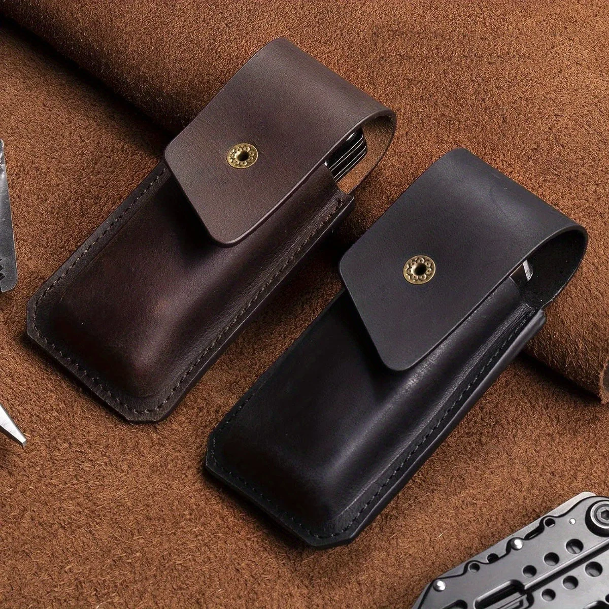 EDC Folding Cowhide Knife Cover Outdoor Waist Hanging Belt Camping Knife Cover Functional Tools Flashlight Kit