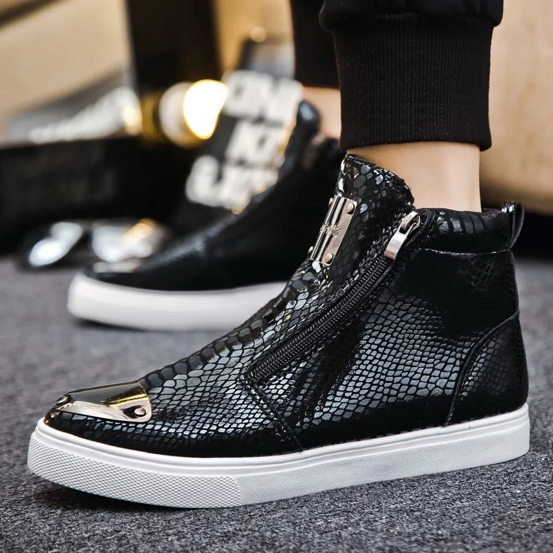 Fashion Zipper Men Golden Sneakers Luxury Leather Glitter Men\'s Designers Shoes High Top Crocodile Skateboarding Sneakers Men