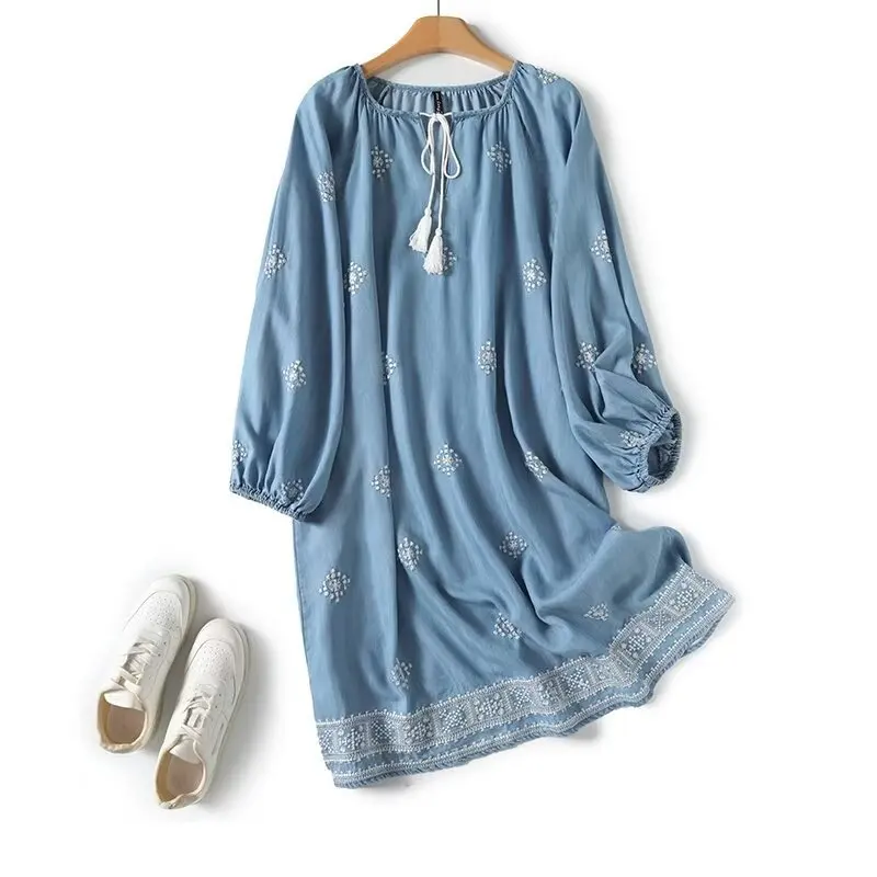 2026 bohème broderie femmes robe en jean à lacets lanterne manches robe en jean pour les femmes boho vacances jean boho robe