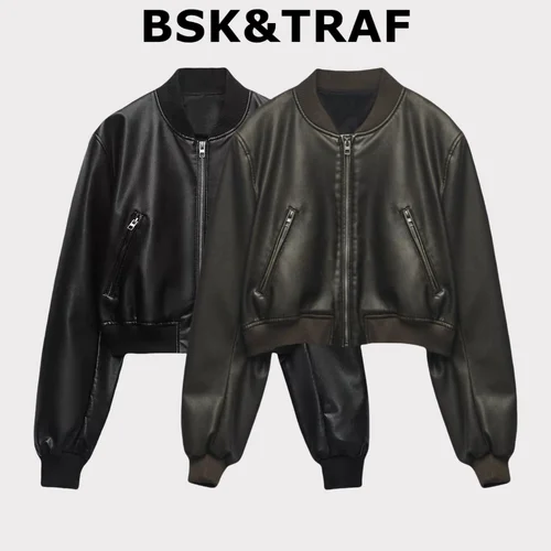 BSK & TRF Hot Girl Chaqueta Bomber de piel sintética desgastada con cuello levantado Chaqueta de cuero para ir al trabajo a la moda para mujer 2025