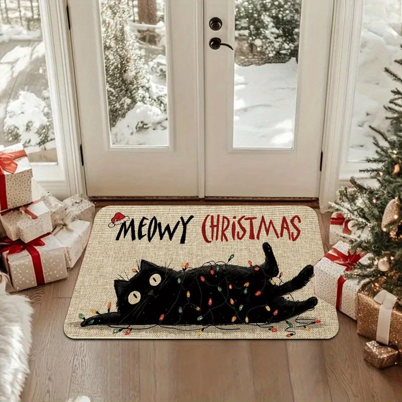 Meowy Christmas Entrance Mat Funny Black Cat Tangled in Xmas Lights Graphic Rug  Holiday Decor Mat for Front Door Entryway
