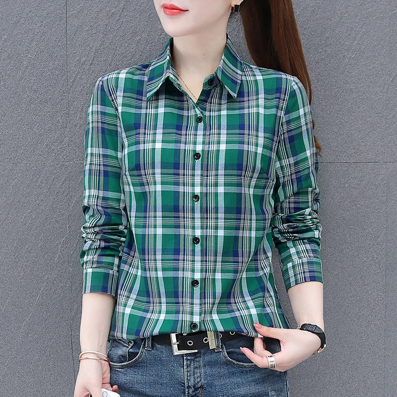 

New women's spring and autumn casual loose top long sleeved cardigan Female Korean pure cotton fashion versatile plaid shirt