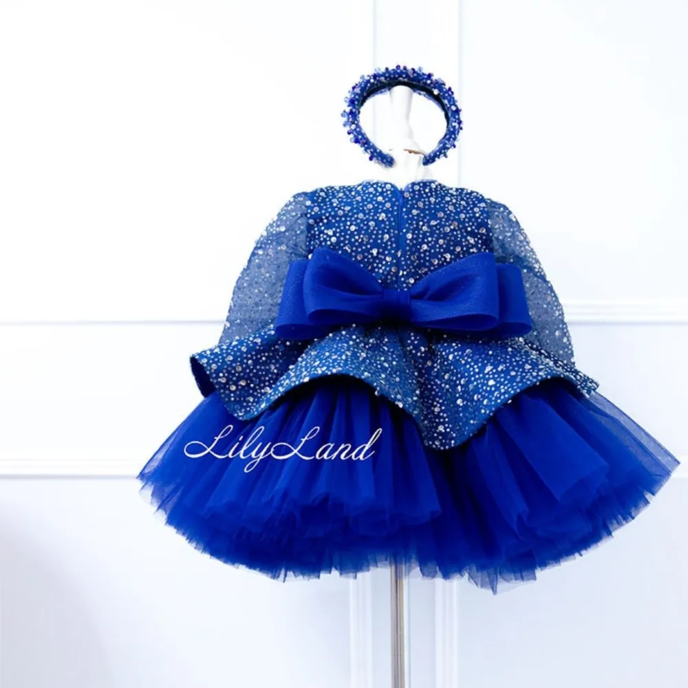 Electric Blue Long Sleeves Sequin Tutu Birthday Baby Dresses,  Flower Girl Toddler Pageant Peplum Prom Gown for Special Occasion