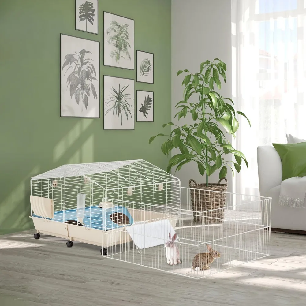 

67" L Rolling Rabbit Cage with Foldable Playpen, Small Animal Cage, Guinea Pig Cages with Ramp/Water Bottle/Hay Feeder/