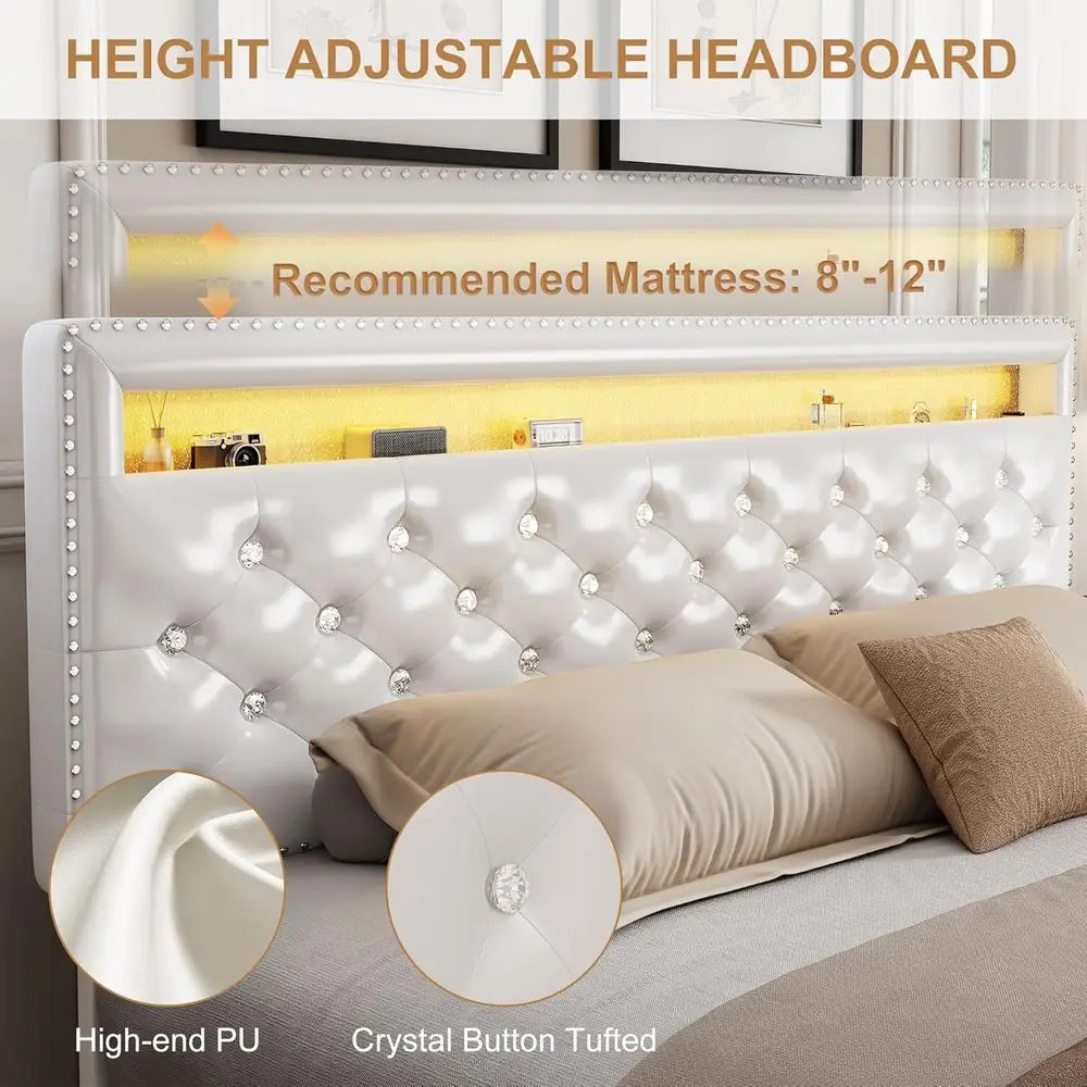 سرير كوين من جلد البولي يوريثان الأبيض مع درجين، ودعم شريحة قابل للتعديل، وخياطة ماسية