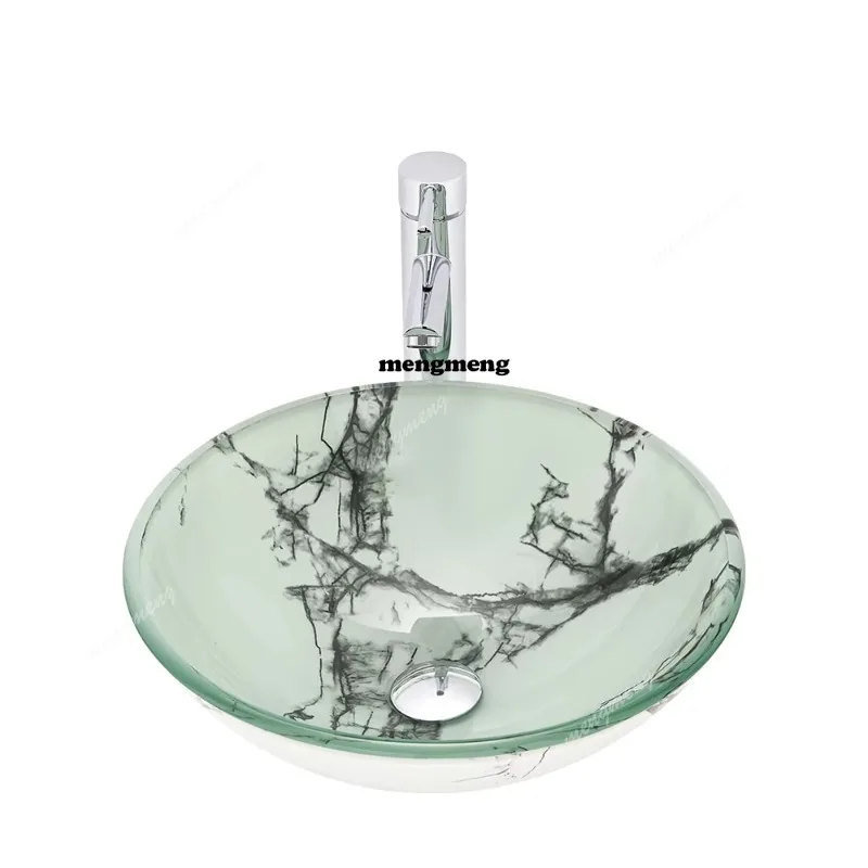 White marble pattern glass wash basin hotel toilet wash basin bathroom with furniture round countertop sink