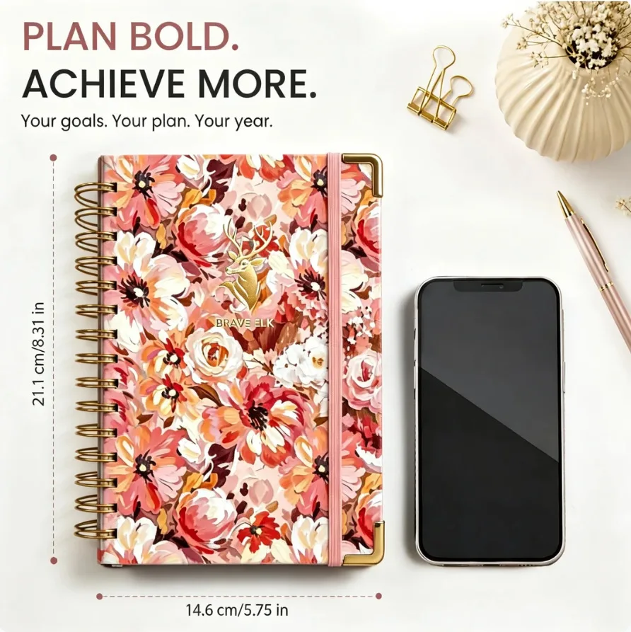 2027 Planner Notebook A5 Daily Schedule Organizer with Oil Painting Floral PVC Cover, 160 Sheets Thick Offset Paper, Wire Bound