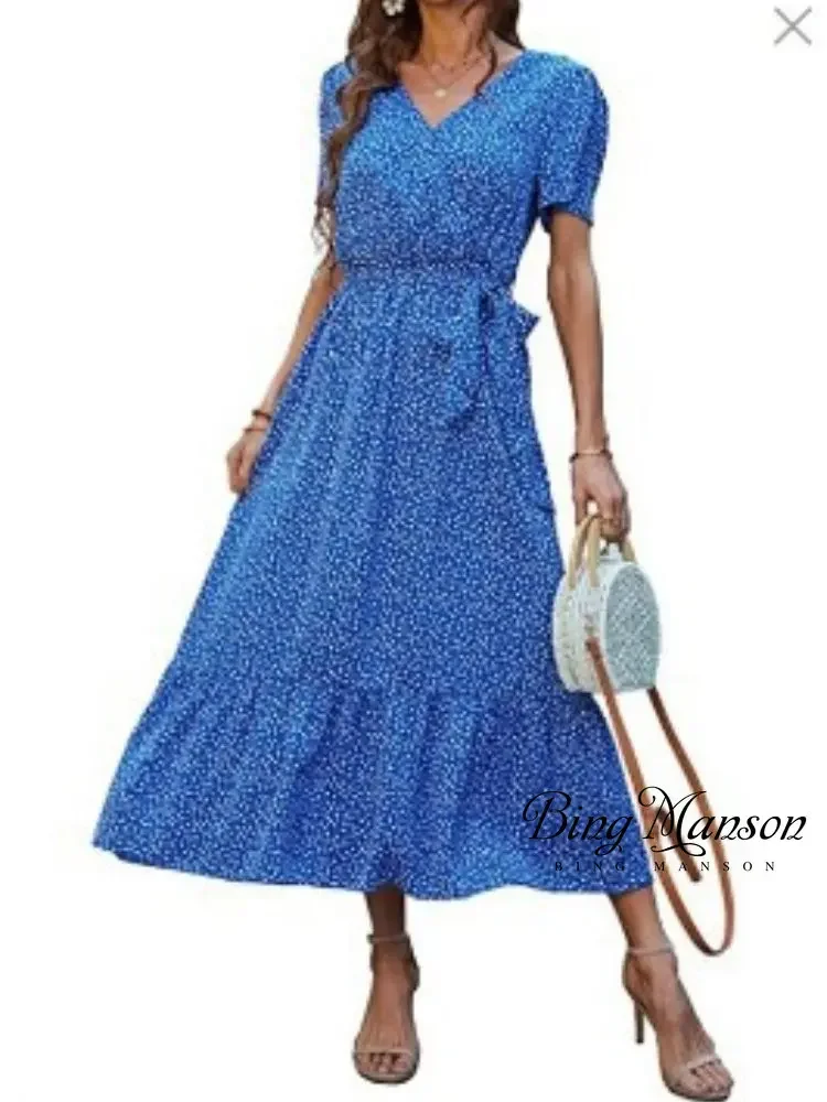 

2023 Summer New Bohemian Printed Ruffled Dress Women's Casual A-line V-neck Belt Vintage Dress Women's Party Maxi Dress