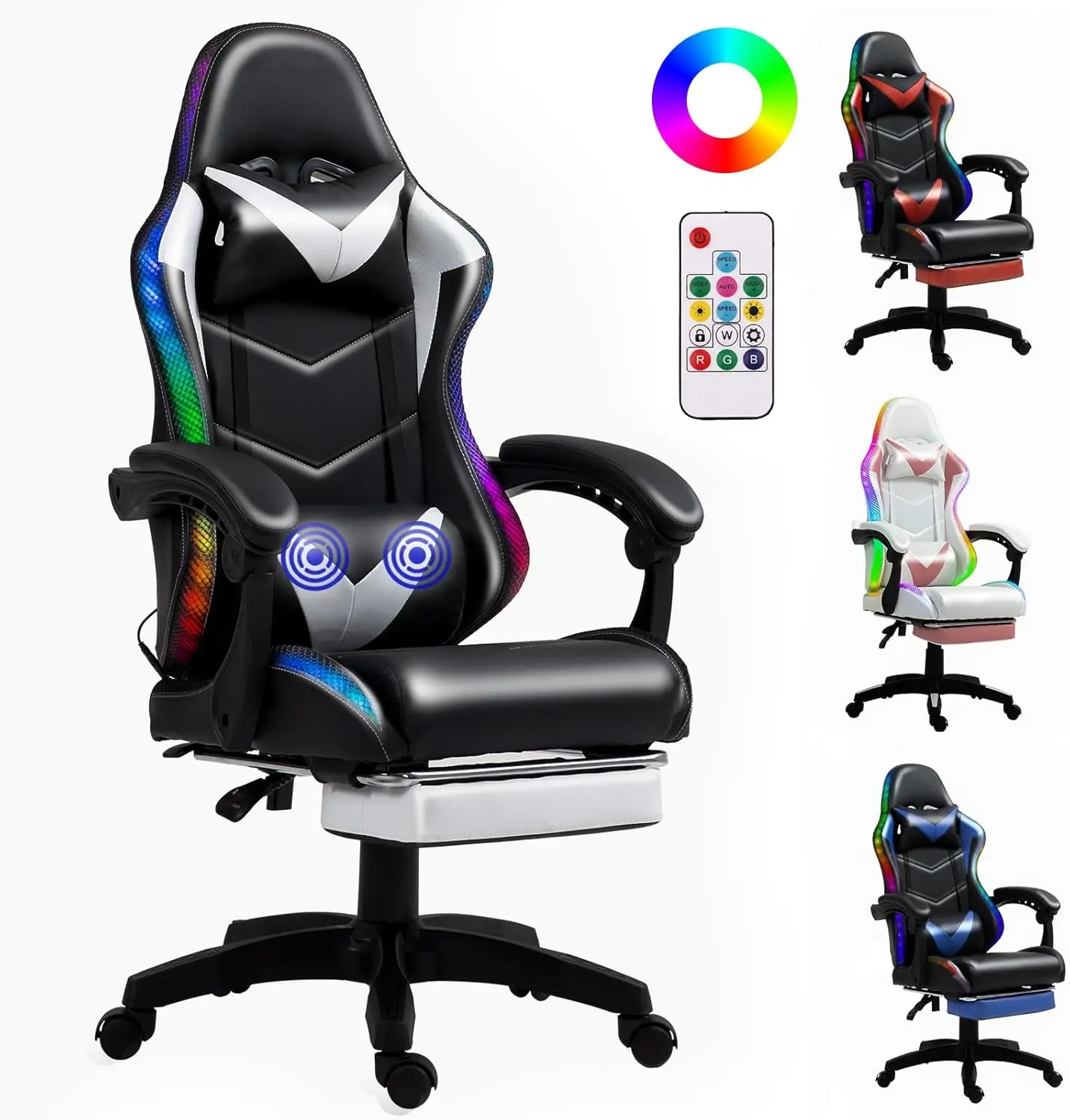 RGB LED Lights Gaming Chair , Lumbar Support Massager Video Game Chair, High Back Reclining Gamer Chair(White)