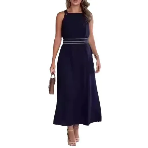 Robe slim taille haute à col rond pour femmes, vêtements d'été, fibre, 2024