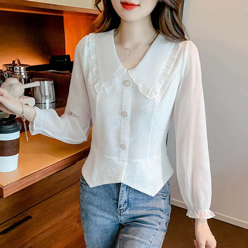 Spring New Doll Collar Fashion Long Sleeve Blouse Women Solid Color Button Patchwork Pullovers Elegant Slim All-match Chic Tops