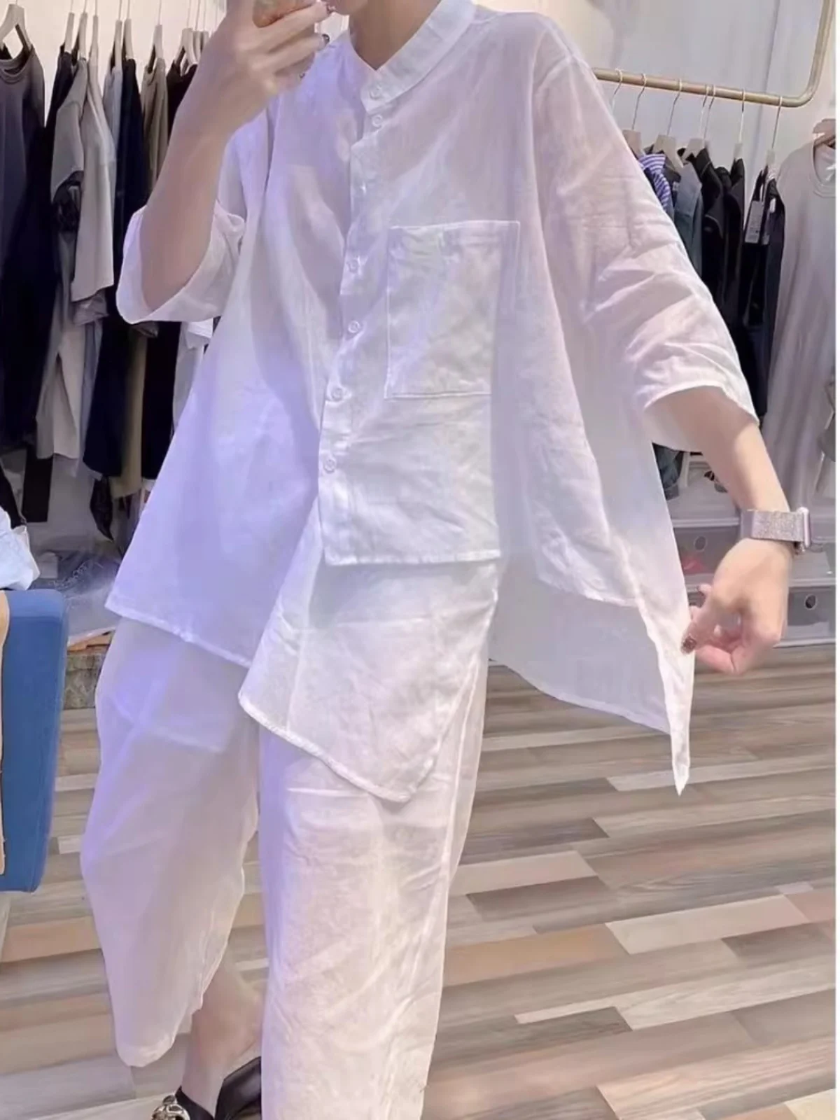 

Faionable Casual Cotton irt And Pants Set Button up mid Sve Seven Inch Length Wide Leg Pants Two Piece Set for Women