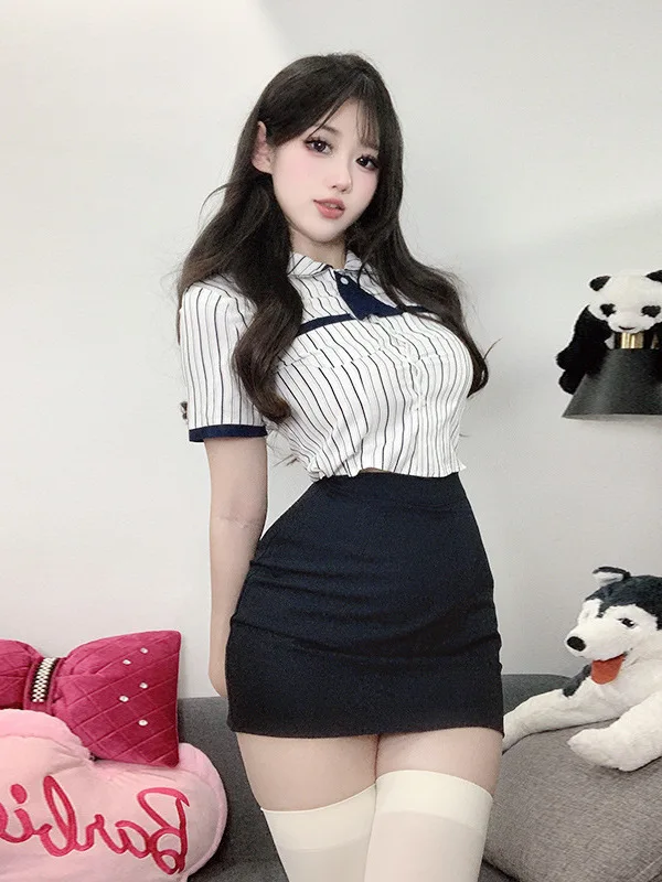 Sexy 2025 New College Style Uniform Set Women's Short Sleeve Lapel Striped Shirt+high Waist Wrap Hip Skirt Two Pieces Set JYLZ