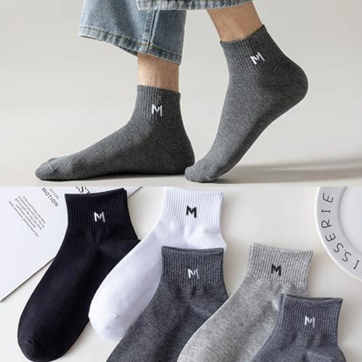 5 Pairs Men\'s Short Tube Socks Four Seasons Thin Letter M Series Solid Color Simple Versatile Light Mouth Low Top Boat Socks