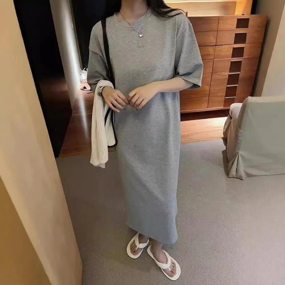 Abito lungo ampio con spacco a trapezio da spiaggia Abito camicia da donna estivo Abito casual a maniche corte con scollo tondo Tinta unita