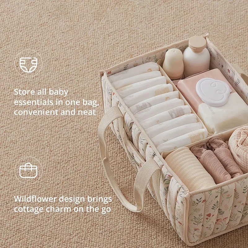 Large Capacity Baby Diaper Organizer Multi-Pocket Multifunctional Foldable Mommy Bag Floral Beige Portable Diaper Storage Bag